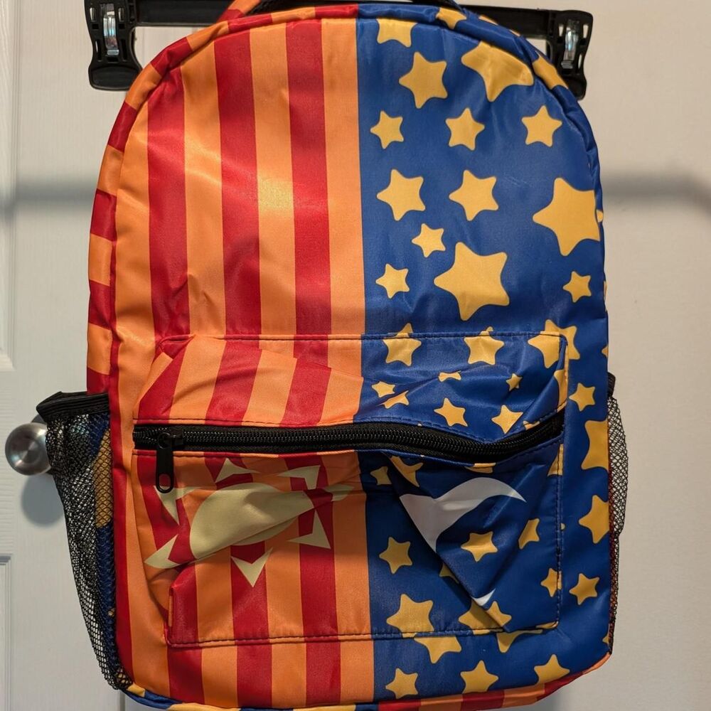 Backpack with red/orange vertical stripes
